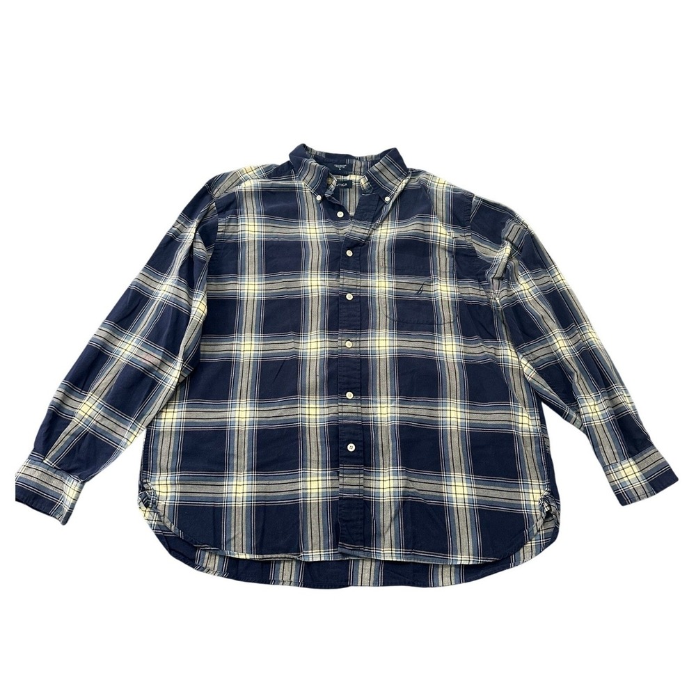 Nautica Mens Large Navy Blue Yellow Plaid Long Sleeve Button Down Cotton Shirt